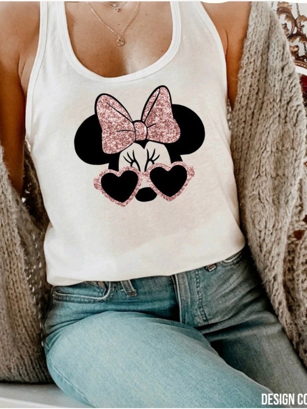 White Racerback Tank with Pink Rose Gold Glitter Minnie Graphic